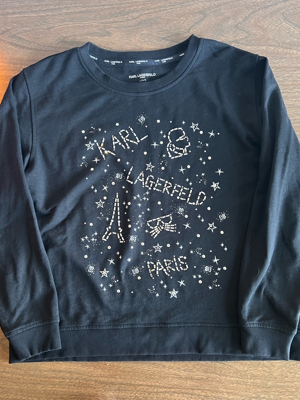 Karl Lagerfeld Paris Embellished Rhinestone Graphic Sweatshirt Black Large Glam - Picture 10 of 13